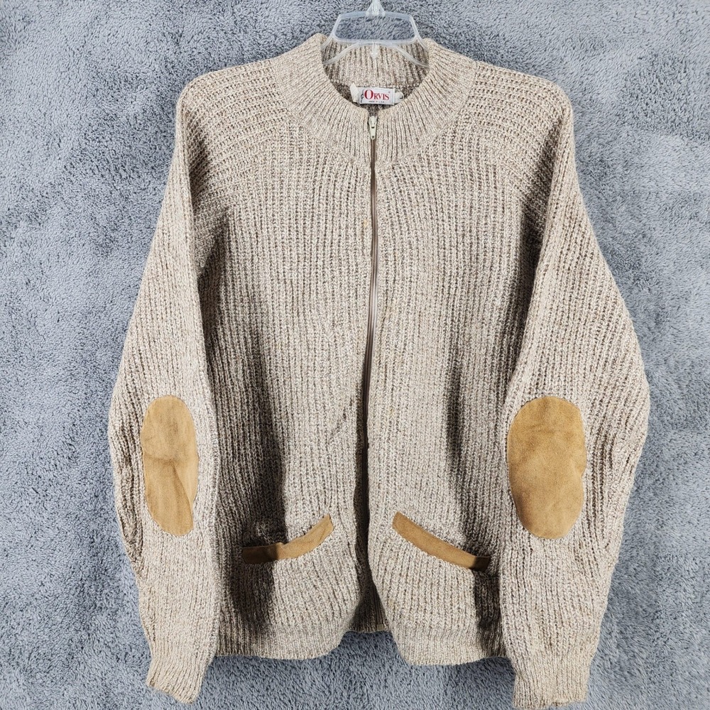 Orvis Sweater Mens L Tan Wool Blend Full Zip Elbow Patch Made in USA 90s Vintage